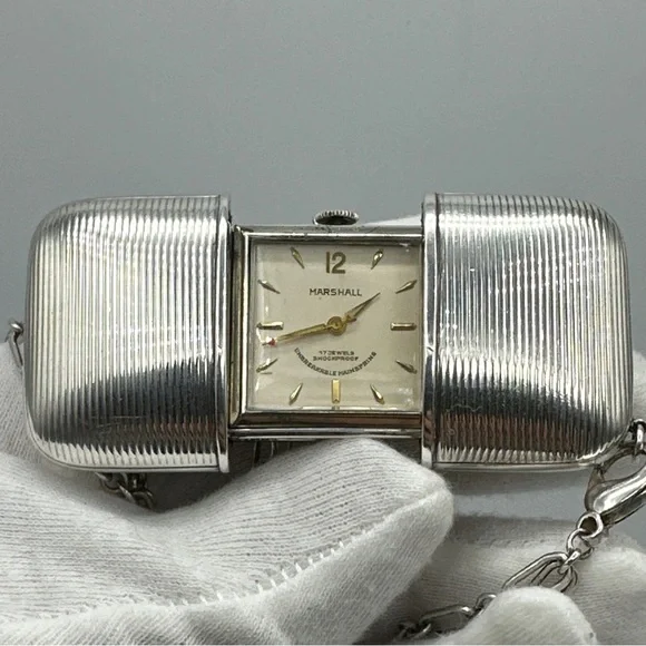 Vintage Marshall Sterling Silver Pocket Travel Watch Sliding Case #361